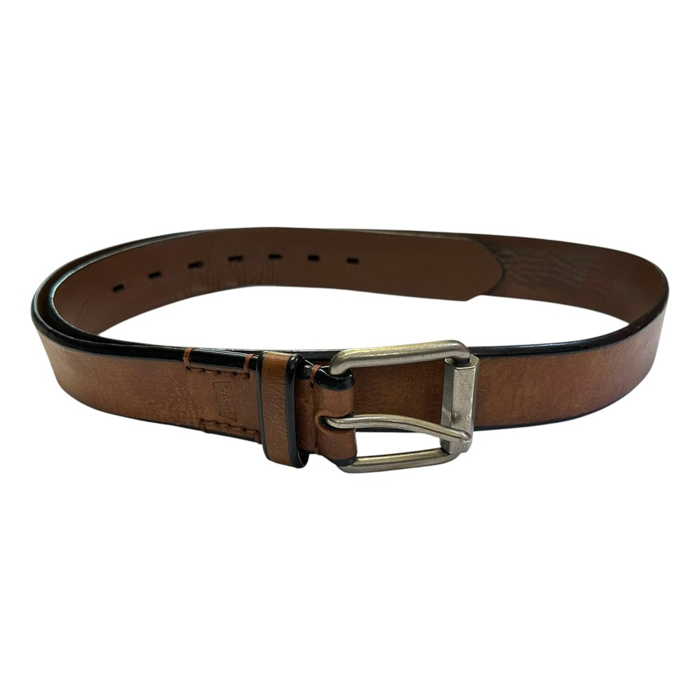 Levis Mens Brown Leather Belt Antiqued‎ Silver Roller Buckle Contrast Western